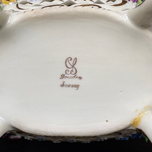 Antique Dresden Carl Thieme Signed Lattice Oval Bowl w/ Porcelain Flowers READ - Picture 12 of 12